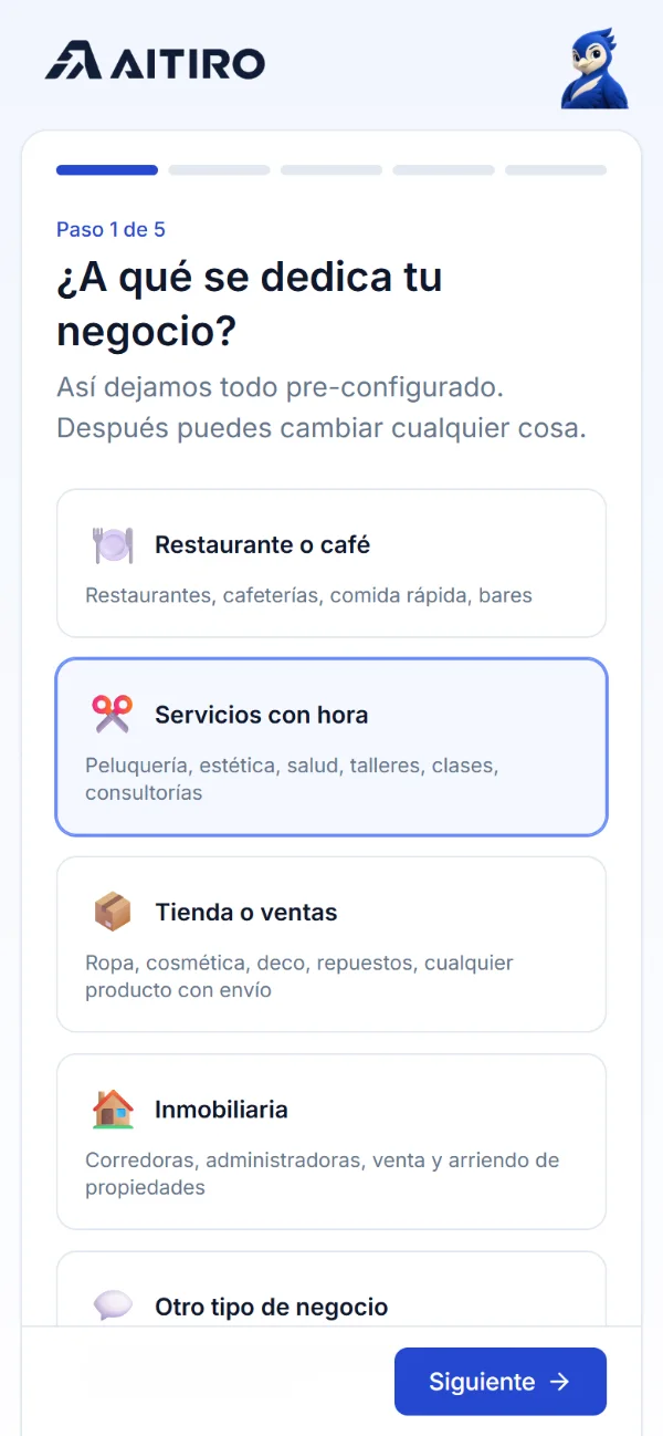 Elige tu tipo de negocio: pantalla real del panel de AITIRO
