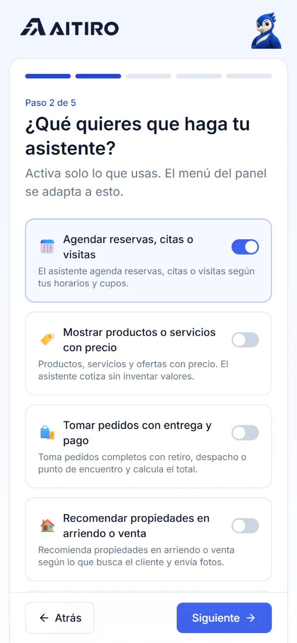 Activa lo que necesitas: pantalla real del panel de AITIRO