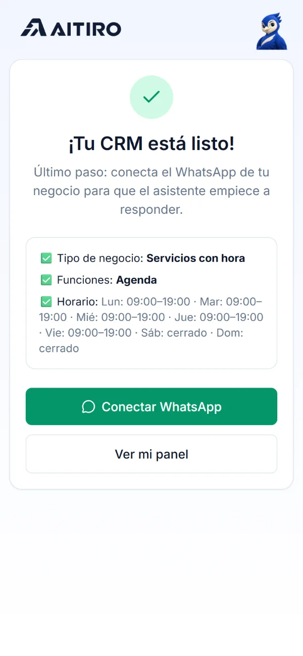 Conecta tu WhatsApp: pantalla real del panel de AITIRO