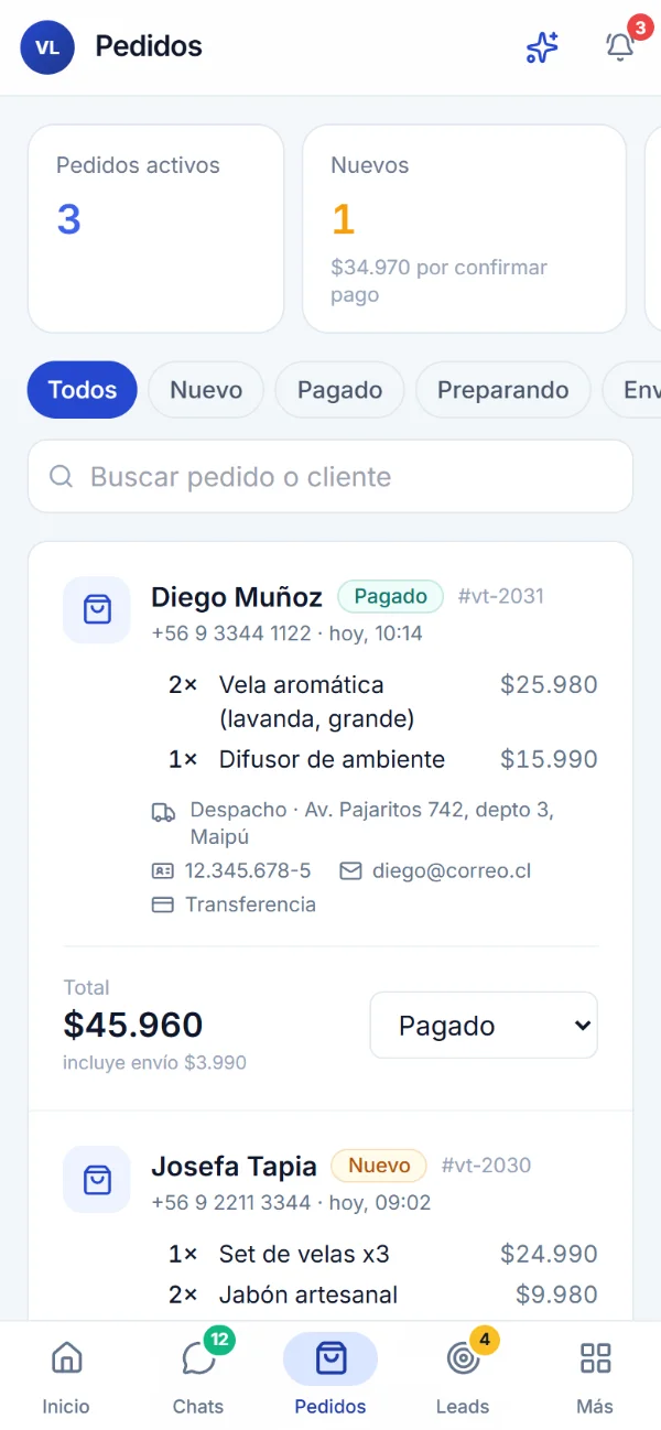 Captura real: pedidos con el total exacto